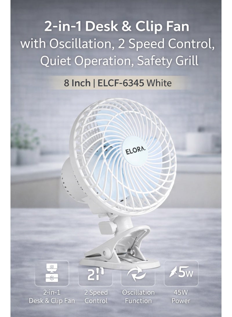Elora 2-in-1 Desk Fan with Oscillation, Plastic Clip Fan with 3 Blades and Safety Grill. ELCF-6345 White - Image 1